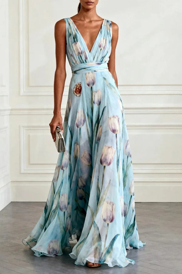Vestido Largo Floral Elegancia Celeste
